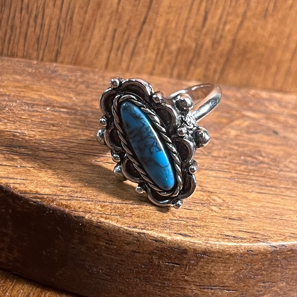 Vtg Emmons Faux Turquoise Silver Tone Adjustable Ornate Statement Cocktail Ring